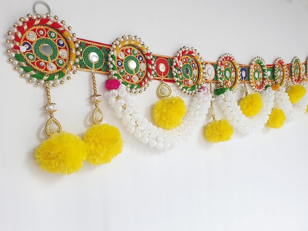 Divyakosh Fabric Toran/Bandanwar for Home Decoration & Office,Round Embroidery Work & Pom Pom Mogra Flower Toran Traditional Decoration Hanging/Bandarwal/Toran for Door,Diwali,37 Inch,,Multicolor