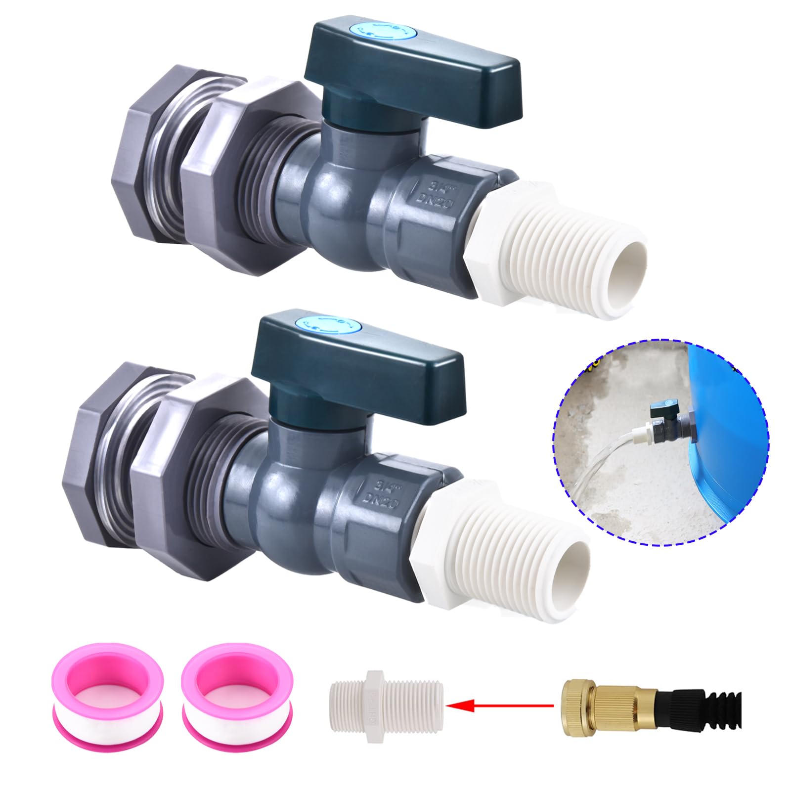 LUOFANT PVC Rain Barrel Spigot Kit, 2 Pack, PVC Material, Ball Valve, Rain Barrel Accessories, Garden Barrel Kit