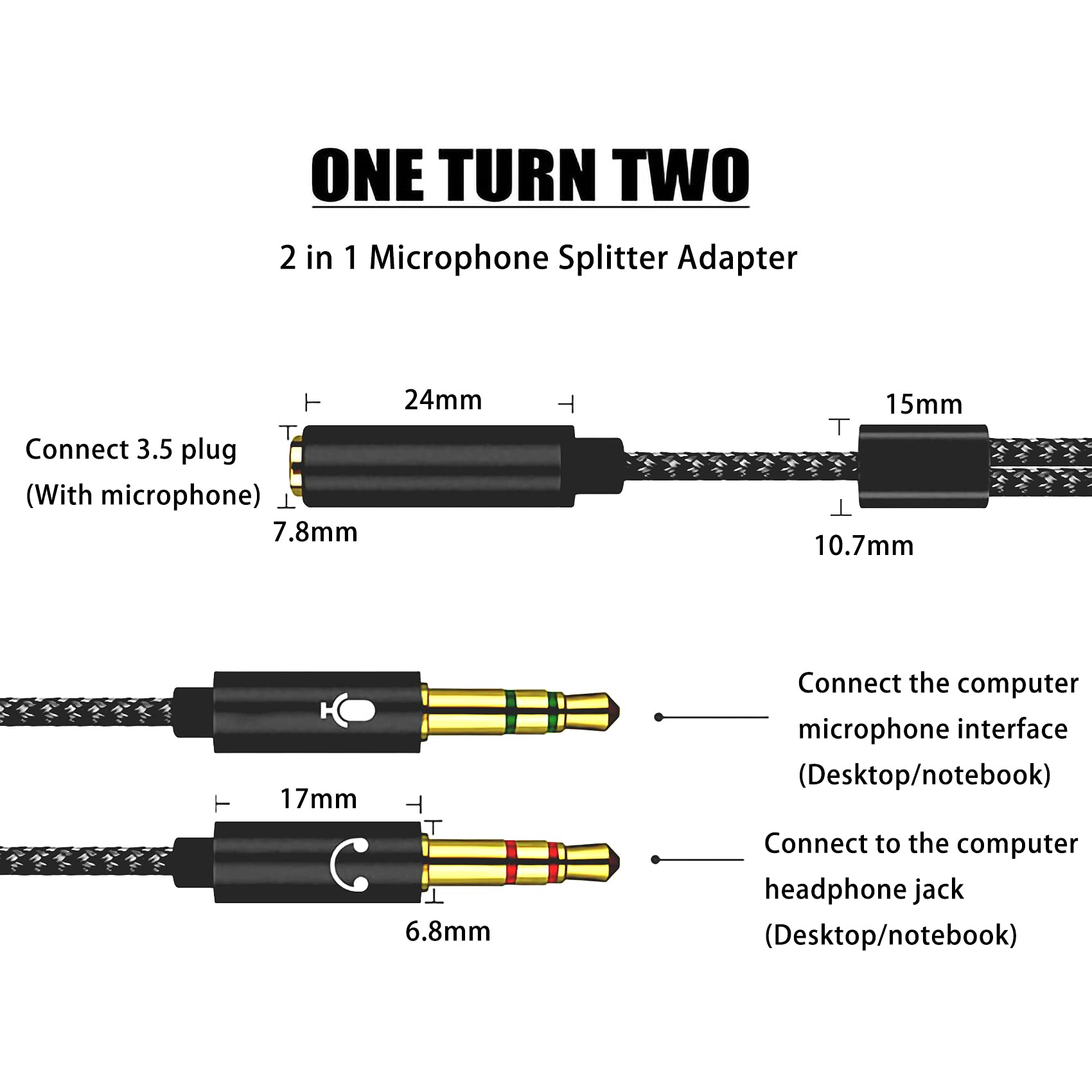 Splitter En Y De 3.5mm, Hembra A 2 Machos, Para Dividir Señal De Audio O Micrófono - 18cm