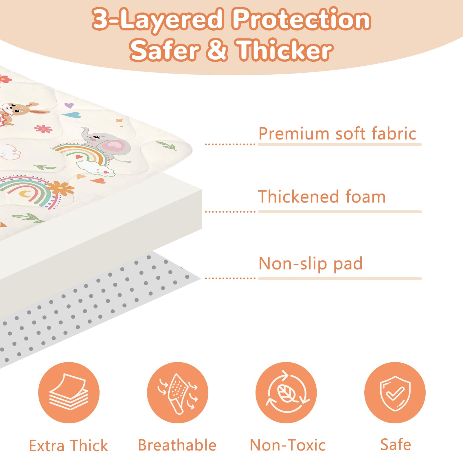 Baby Play Mats for Floor,127x127cm Foldable Playmat for Babies Toddlers,Thick Machine Washable Playpen Mat Pad,Soft Non-Slip Activity Mat for Crawling & Playing & Tummy Time,Boho Rainbow Animal - Image 3