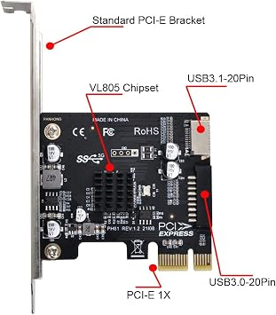 cablecc 5Gbps Type-E USB 3.1 Front Panel Socket & USB 2.0 to PCI-E 1X Express Card VL805 Adapter for Motherboard