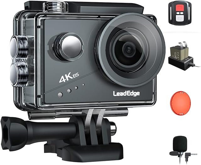 LeadEdge Action Camera 4K EIS Stabilization WiFi Remote Control Dual Charge External Microphone Red Filter Waterproof & Underwater Action Camera