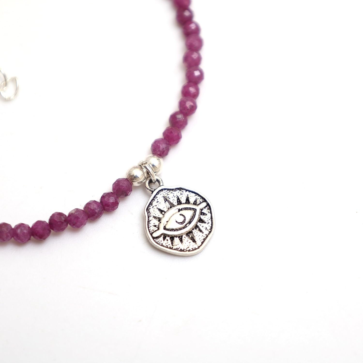 Evil Eye Bracelet with 3mm Faceted Natural Gemstone Beads, Black Tourmaline/Ruby/Lapis Lazuli, 6.50"+1.50" Adjustable Sterling Silver Bracelet, - Image 6