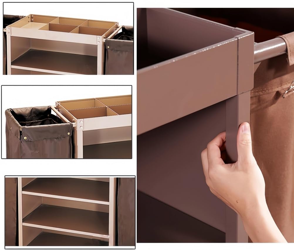 Cleaning Cart Commercial Traditional Janitorial Cleaning Cart, 3 Shelves Housekeeping Caddy with Bag for Office, Hotels, and Apartment,Brown