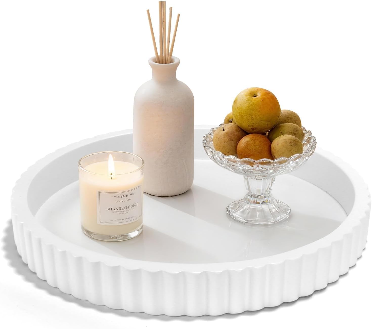 Decorative Tray for Coffee Table, 12'' Resin Modern Decorative Tray for Home Decor, Elegant Table Centerpiece White Round Fluted Serving Vanity Tray for Bathroom Kitchen Living Room Decor