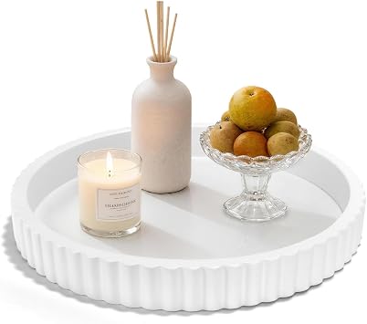 Decorative Tray for Coffee Table, 12 Resin Modern Decorative Tray for Home Decor, Elegant Table Centerpiece White Round Fluted Serving Vanity Tray for Bathroom Kitchen Living Room Decor
