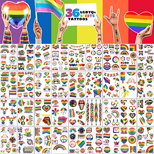 Cokohappy 36 Sheets Pride Day Tattoo Rainbow Temporary Tattoos, 290+ Pcs Love Is Love Lgbtq+ Rainbow Fake Face And Body Tattoos, Happy Pride Gay Day Accessories For Pride Parades #TOP13