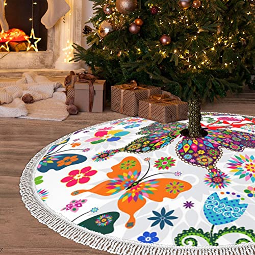 Christmas Tree Skirt 48" - Spring Floral Butterfly Printed Tree Skirt With Tassel Xmas Tree Decoration For Christmas Holiday #TOP7