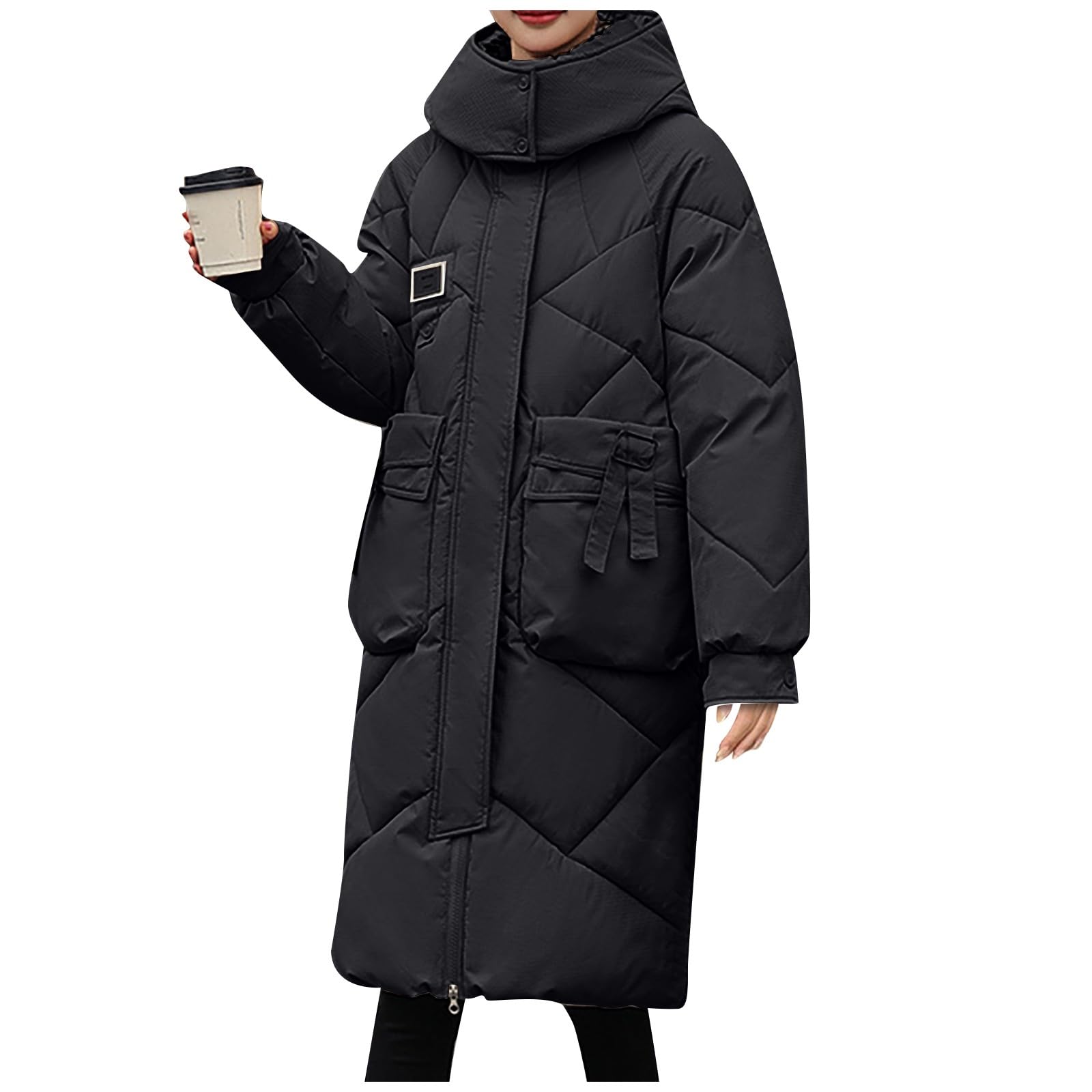 Generisch Wintermantel Damen Lang Daunenmantel Winter Warm Mantel Langarm Steppmantel Elegant Damenmantel Dicke Thermo Daunenjacke Einfarbig Puffer Jacke Mit Taschen Steppjacke Mit Reissverschluss