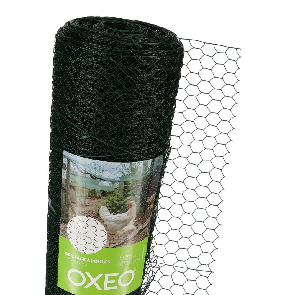 Oxeo Grillage à Poule 30m - Hauteur 1m - Acier revêtement PVC Vert – Maille hexagonale 25x13mm - Filet de clôture pour poulailler
