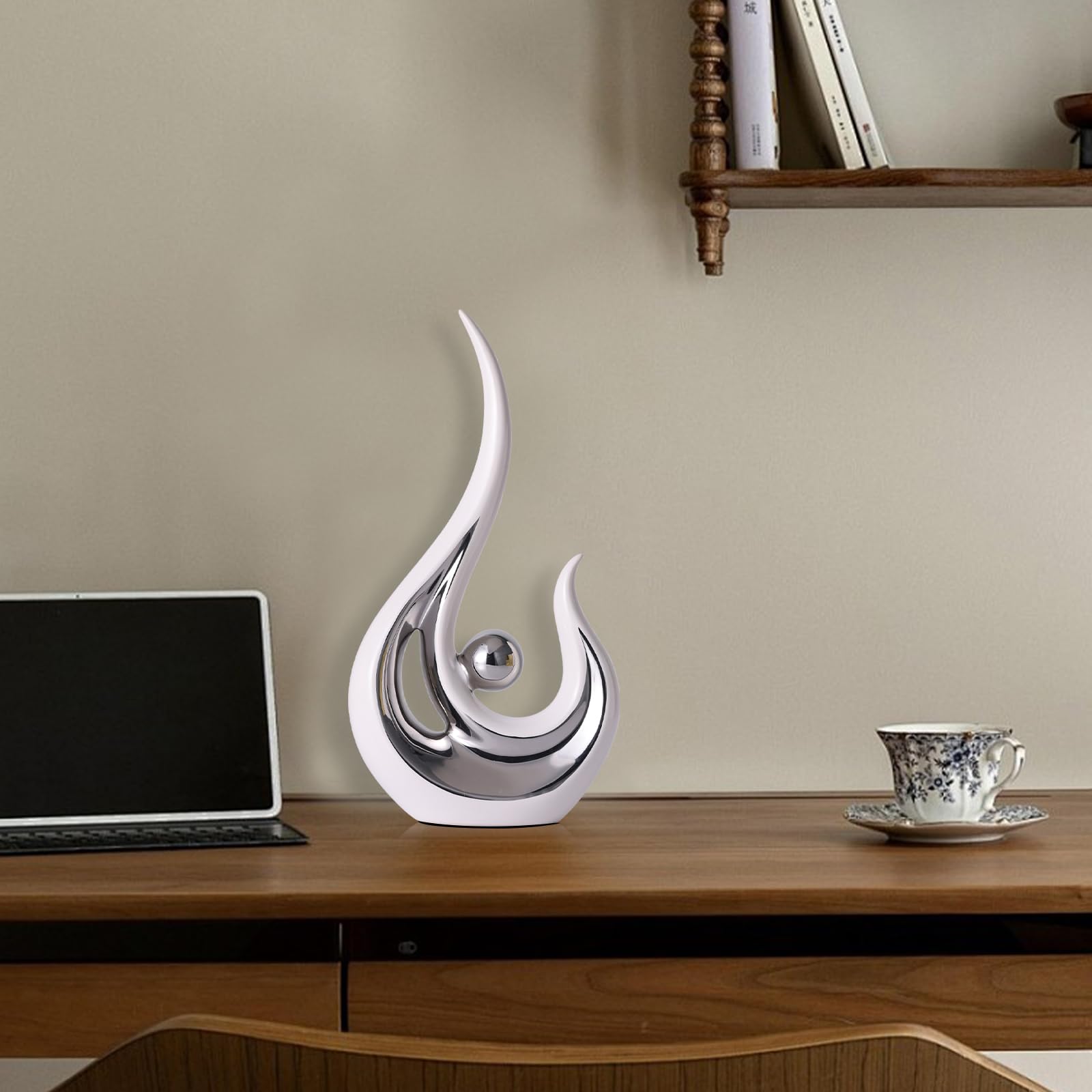 LCCCK Statua astratta in argento bianco per la decorazione della casa, moderna scultura in ceramica, statue decorative per soggiorno, scaffale, supporto TV, ufficio o tavolino da caffè, centrotavola