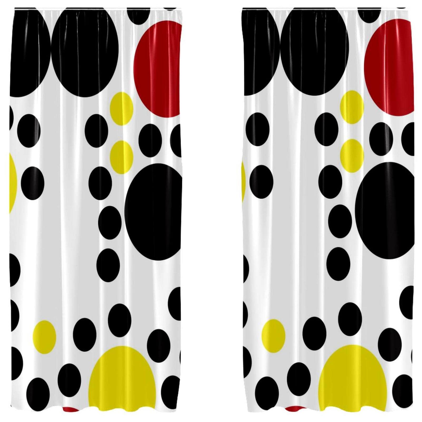 Cortinas de 2 paneles 55 x 84 pulgadas con patrón circular negro, amarillo y rojo