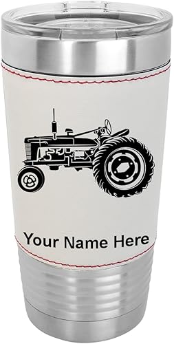 Miniatura 9 de LaserGram Vaso aislado al vacío de 20 onzas tractor Old Farm grabado personalizado incluido piel sintética gris