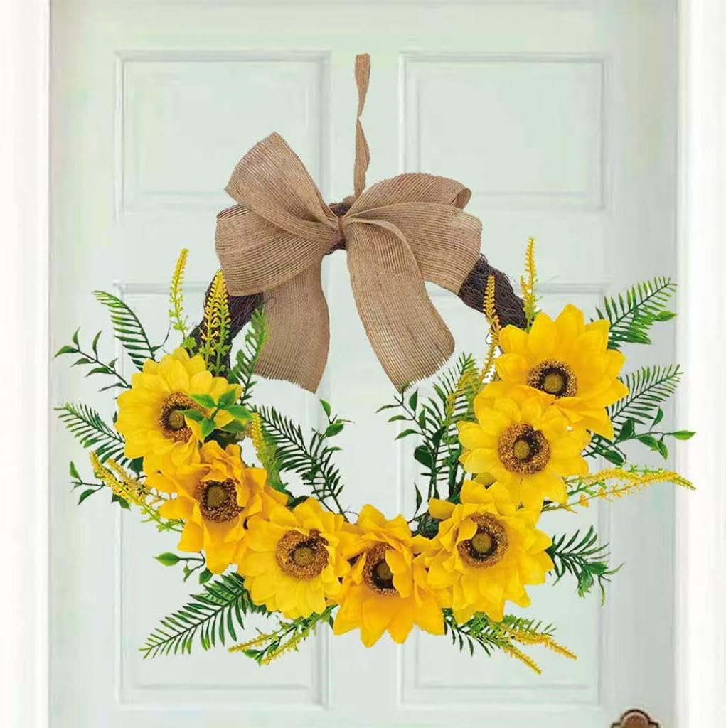 18 Inch Sunflower Wreath for Front Door, Artificial Spring Wreath with Bright Sunflowers and Bow for All Seasons Indoor Outdoor Wall Window Office Farmhouse Entryway Decor