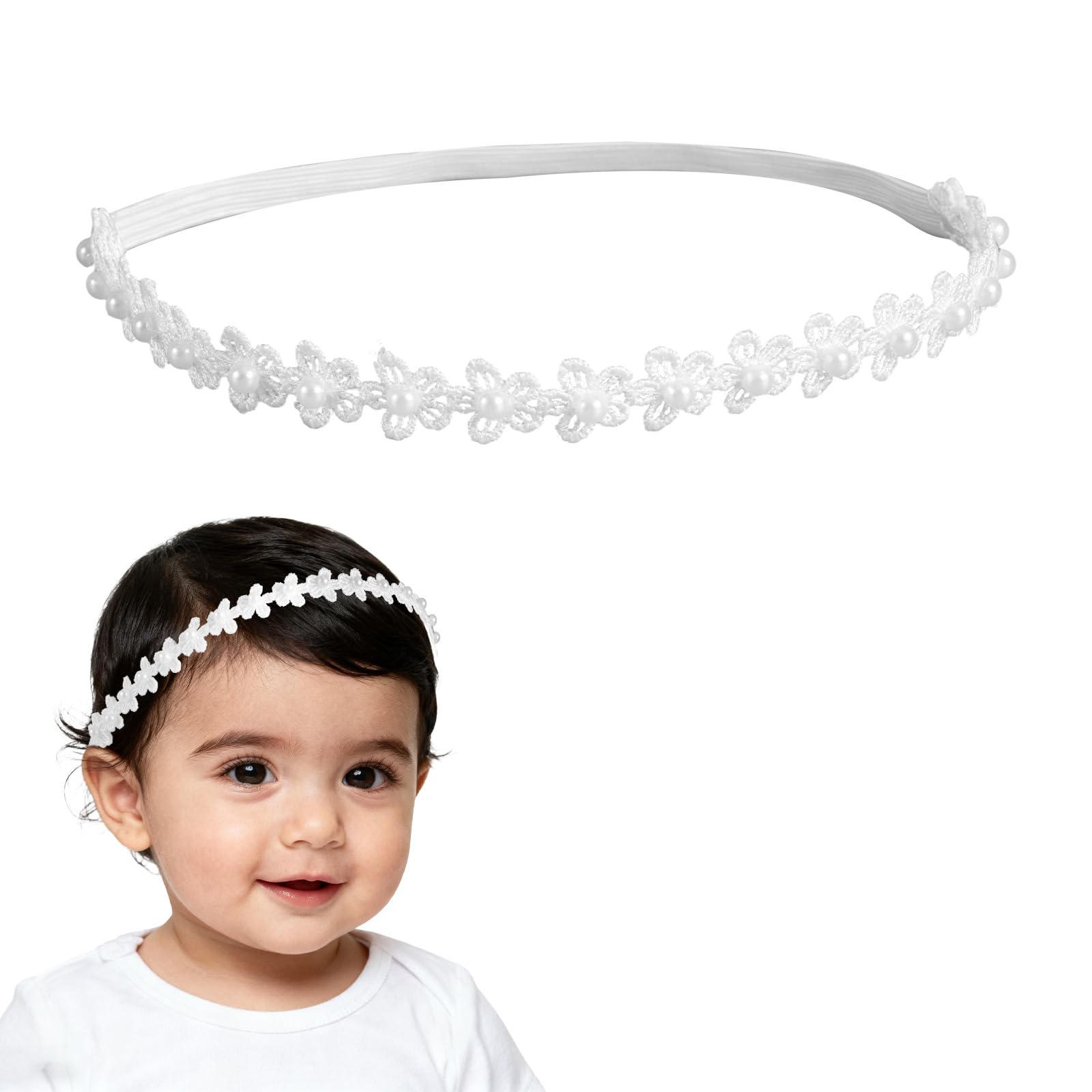 Bandeau de Baptême Réglable en Dentelle, Élégant Bandeau Baptême Blanc avec Perles et Fleurs Accessoires pour Cheveux pour Filles Bébés et Nouveau-Nés