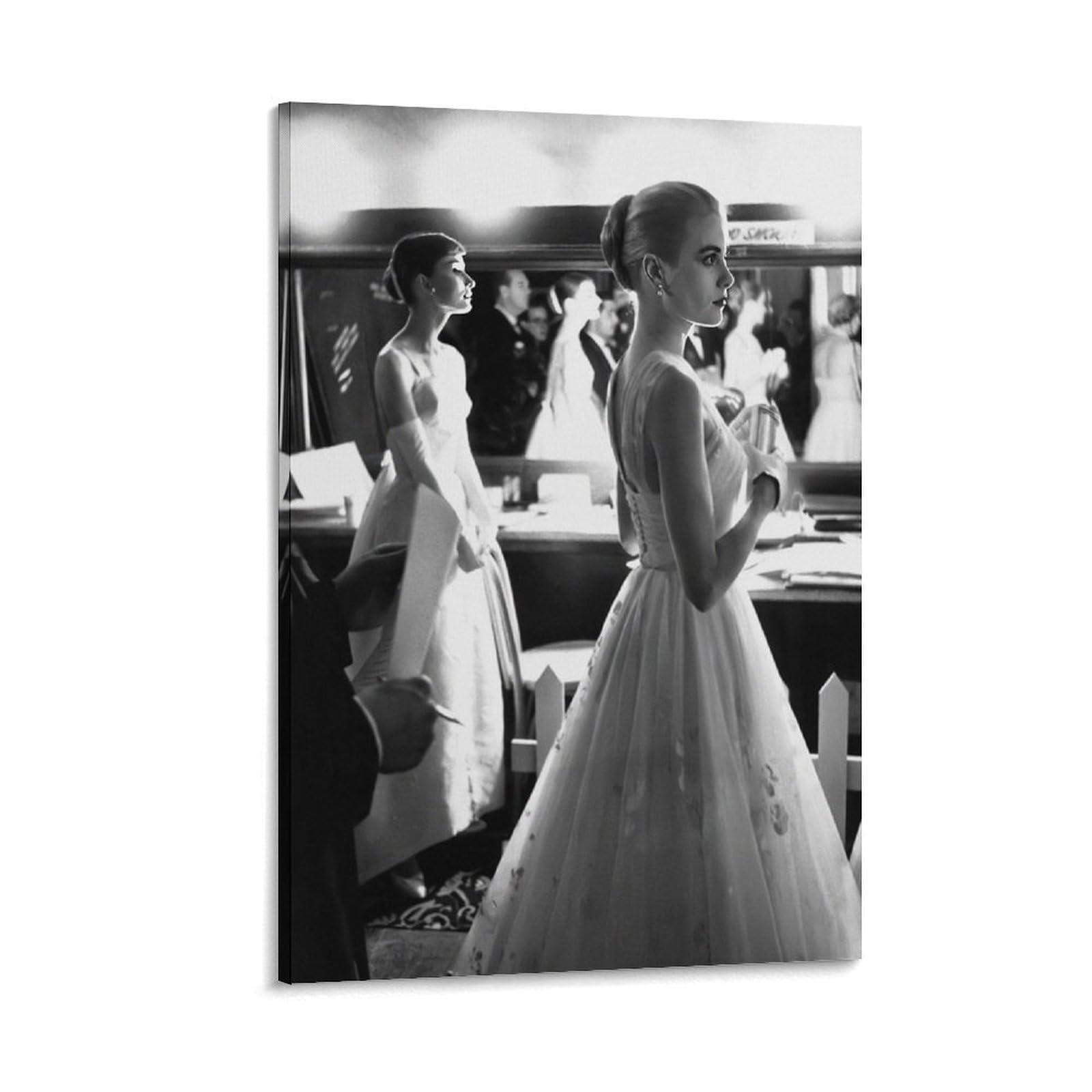 Qzfncoyu Frame-Style Audrey Hepburn And Grace Kelly Backstage Black And White Retro Art Poster Canvas Poster Wall Art Decor Print Picture Paintings For Living Room Bedroom Decoration 08X12inch(20X30cm)