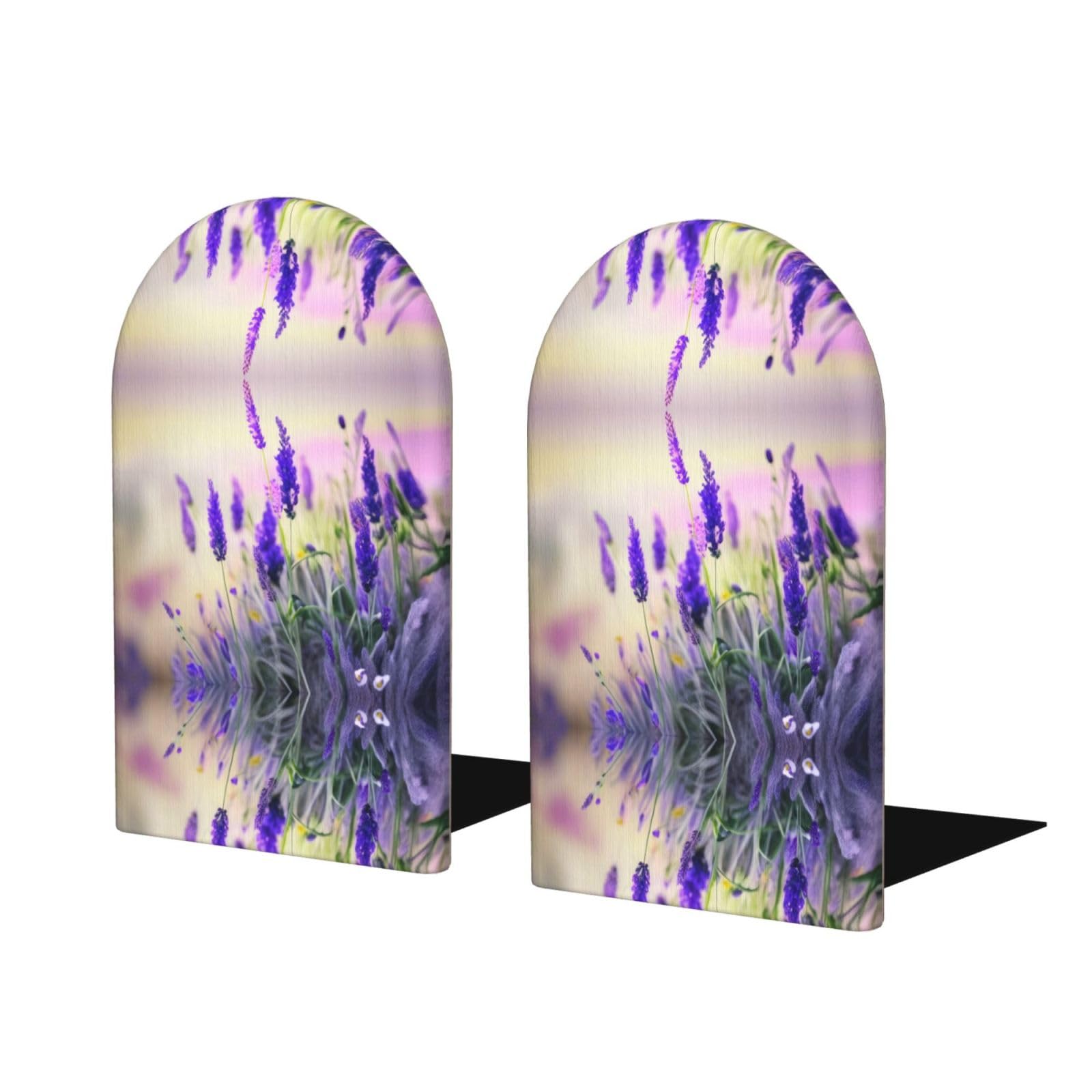 Lavender Flower Stylish Bookends with Full-Print Design Durable Wooden and Metal Bookend Set for Home, Office
