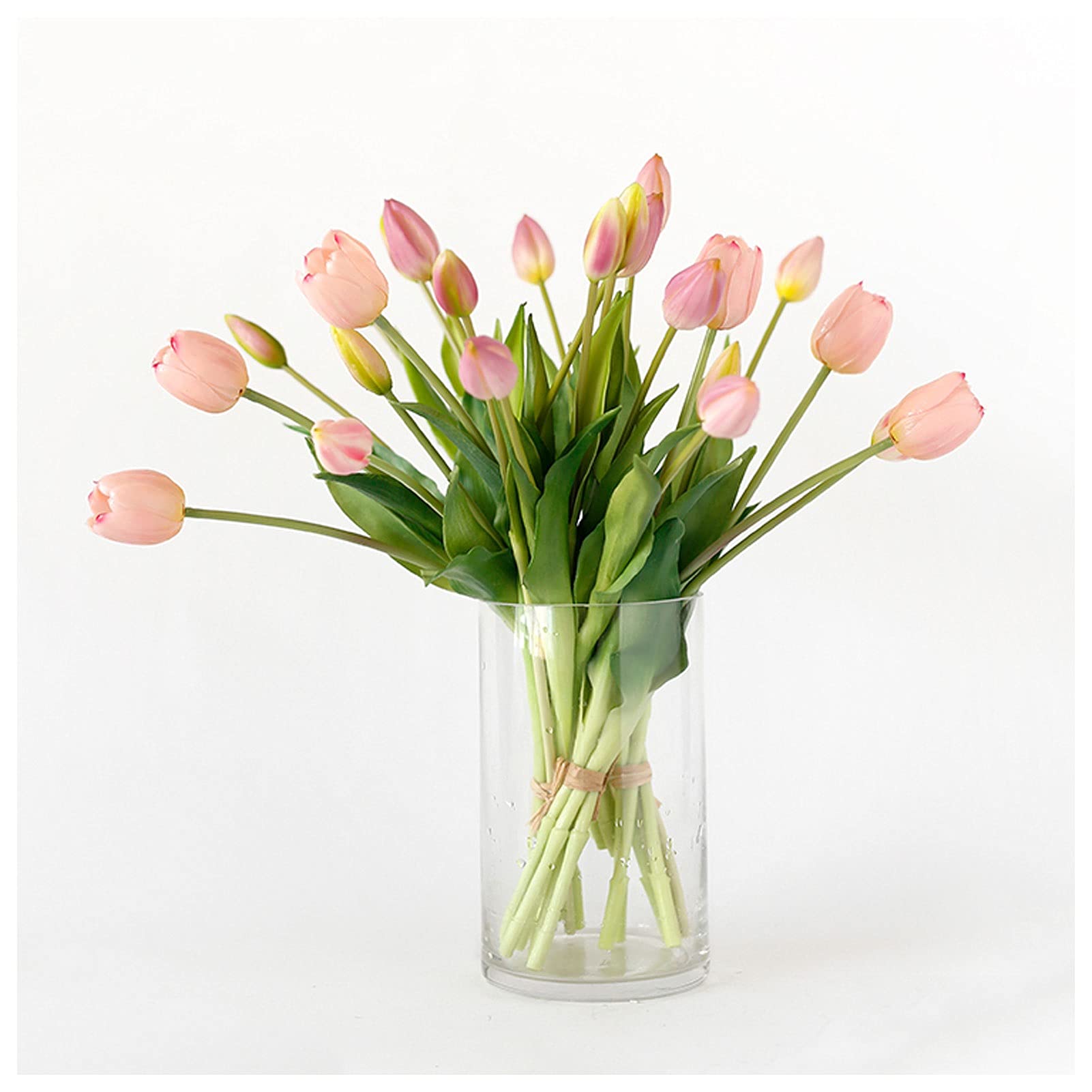 Flores Artificiales Ramo de Tulipanes Artificiales y jarrón de Cristal, Manualidades de plástico, Ramo para Sala de Estar, Adecuado para fie