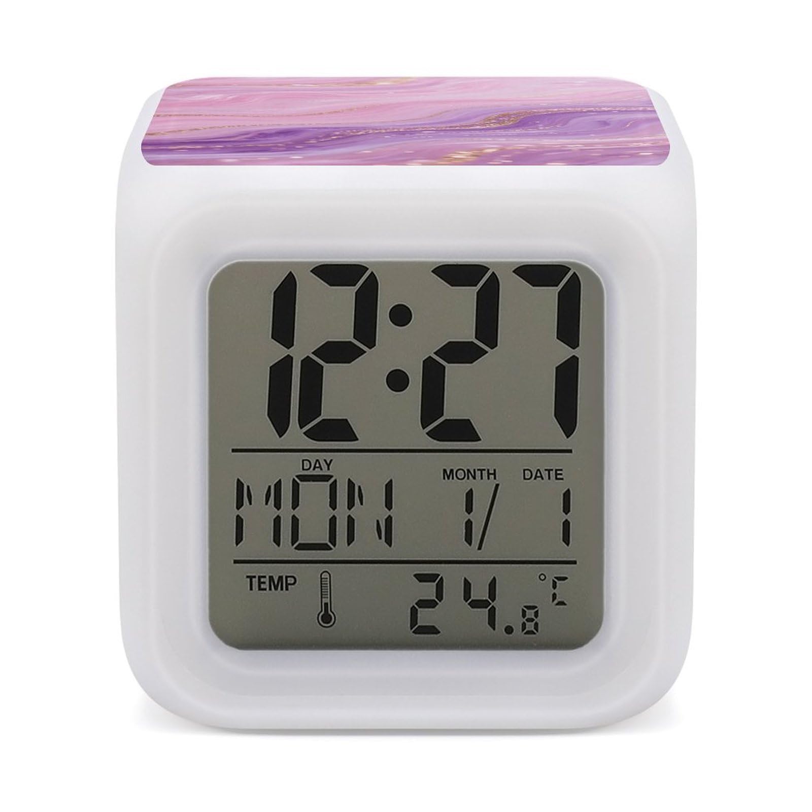 Reloj despertador de mármol rosa y morado con reloj digital de moda y termómetro