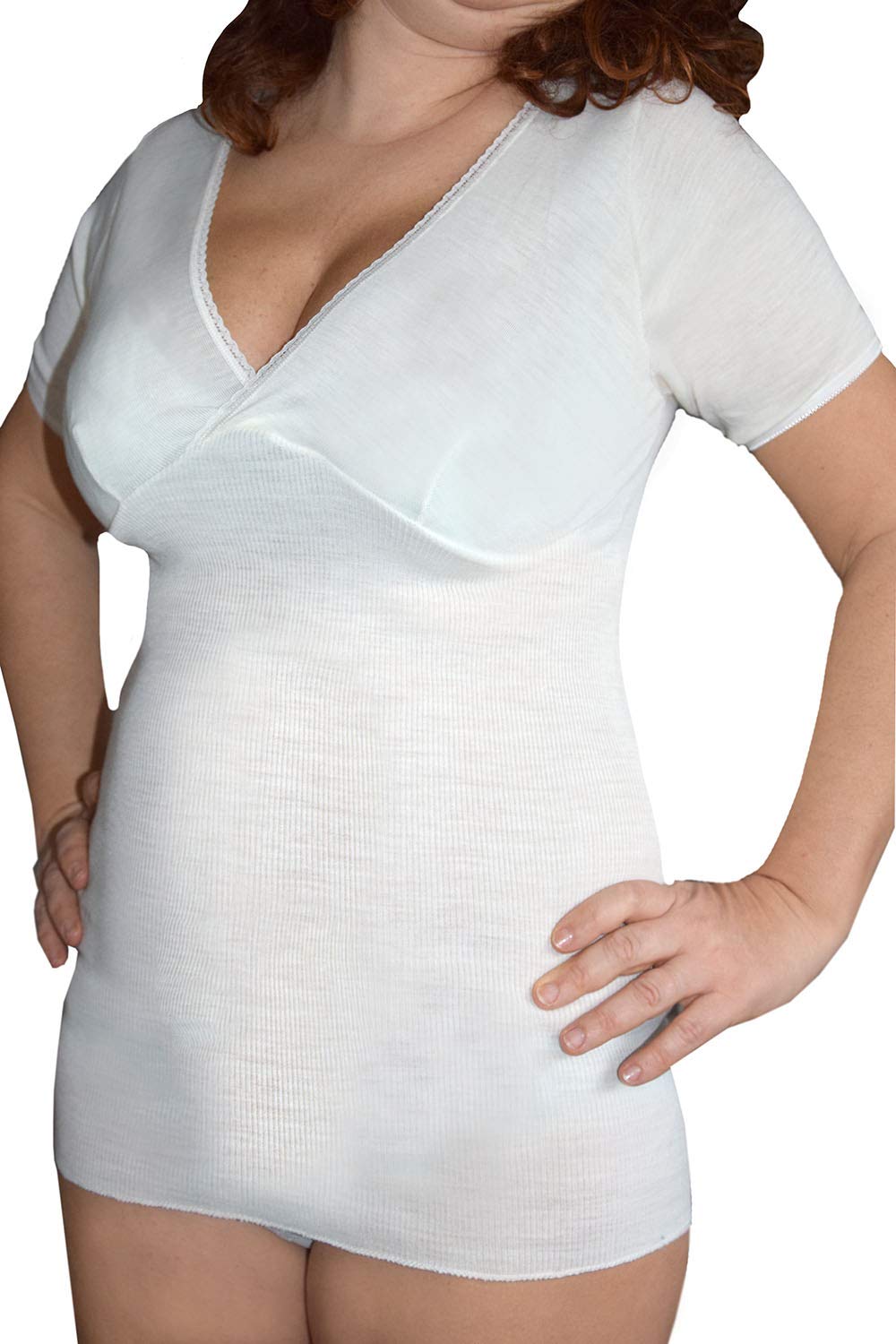 Canottiera Donna in Lana Vegine Mezza Manica Maglietta Salute Incrocio Seno Intimo Camiciola Due Pezzi Made in Italy