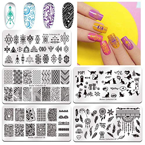 Biutee Nail Stamping Plates Kit 5Pcs Nail Art Template Image Plates 8 Colors Nail Stamping Gel Polish Double Head Stampers With Scraper Leaves Flowers Animals Patterns Manicure Stencils Tools Set #TOP5