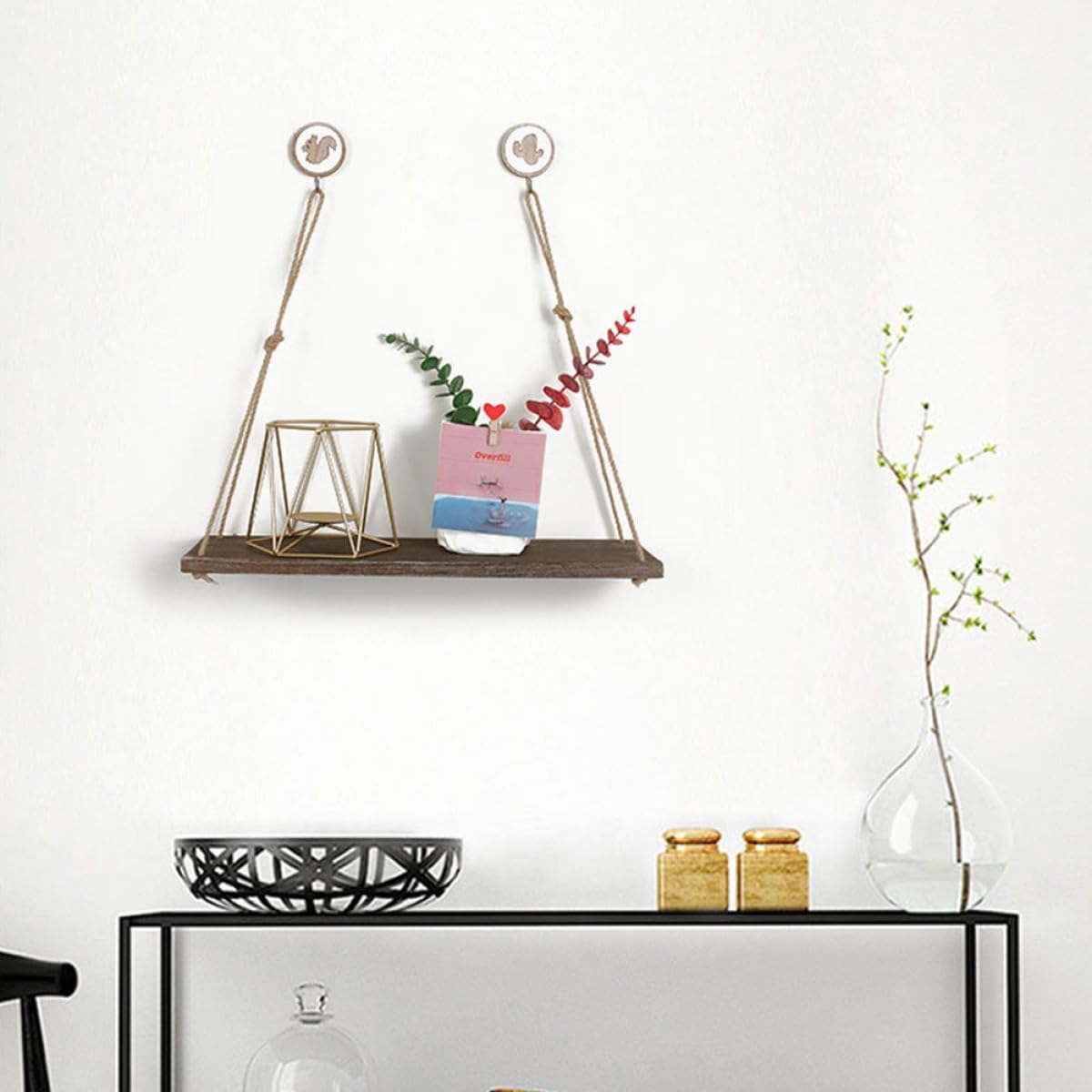 Rustic Small Hanging Wall Shelf with Hooks Nordic Style Floating Plant Shelf with Hemp Rope for Home Bedroom Living Room Decor