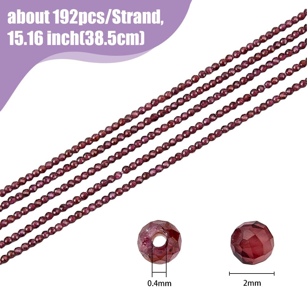 960pcs 5 Strands Pomegranate Red Natural Garnet Bead Strands 2mm Mini Round Faceted Garnet Beads Smooth Red Quartz Stone Loose Spacer Beads for Jewelry Craft Making Hole: 0.4mm - Image 2