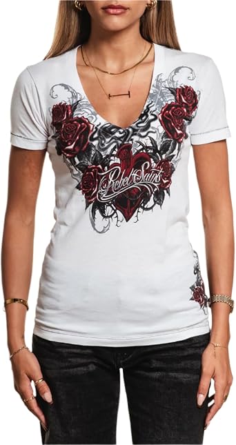 Rebel Saints by Affliction Womens V-Neck T-Shirt, Gothic Rose Design, White - Morticia