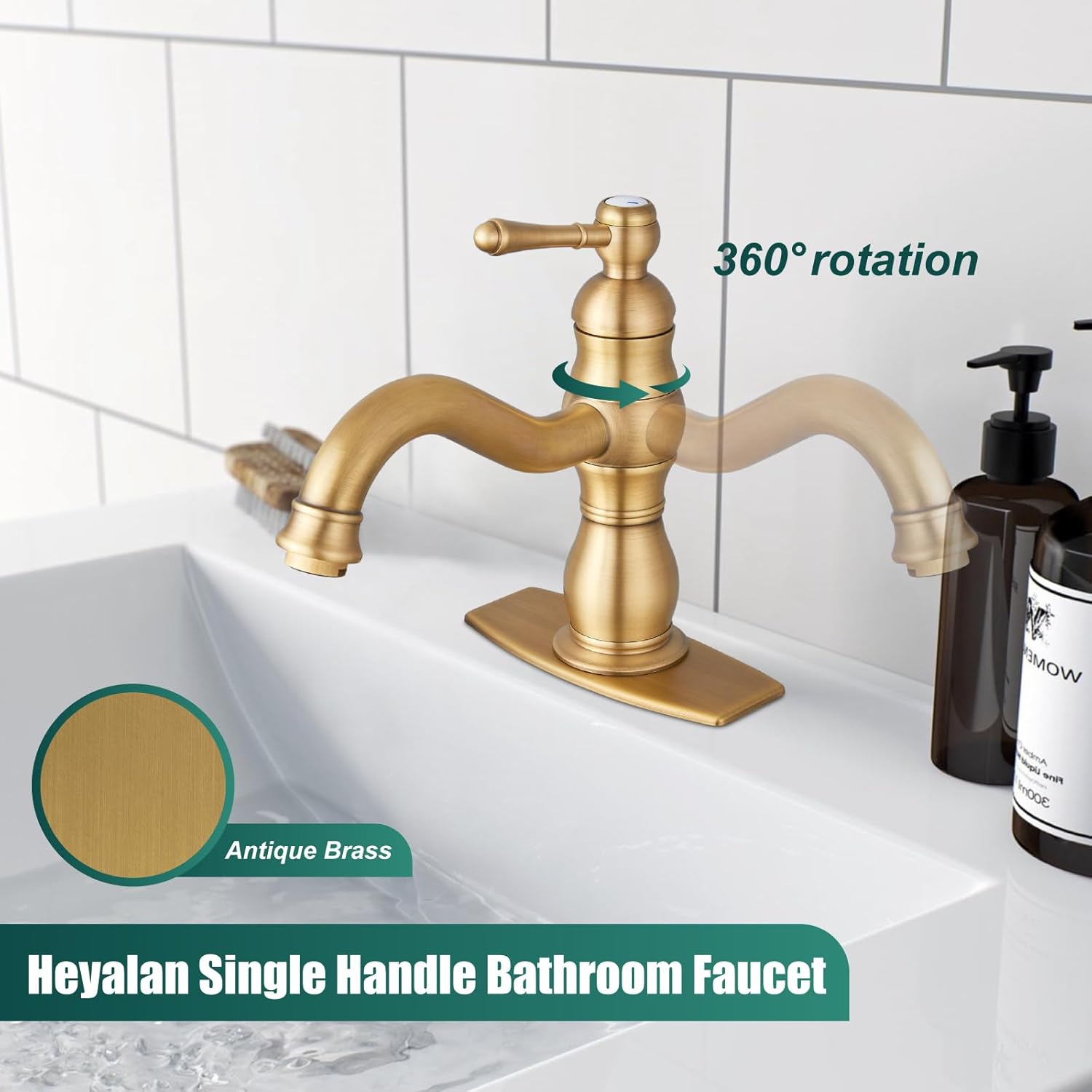 Heyalan Bathroom Sink Faucet Single Hole 1 Handle Deck Mount Single Handle Bathroom Sink Faucet Farmhouse Mixer Tap with Drain,‎Short-Spout Reach 7.09 Inch,Antique Brass