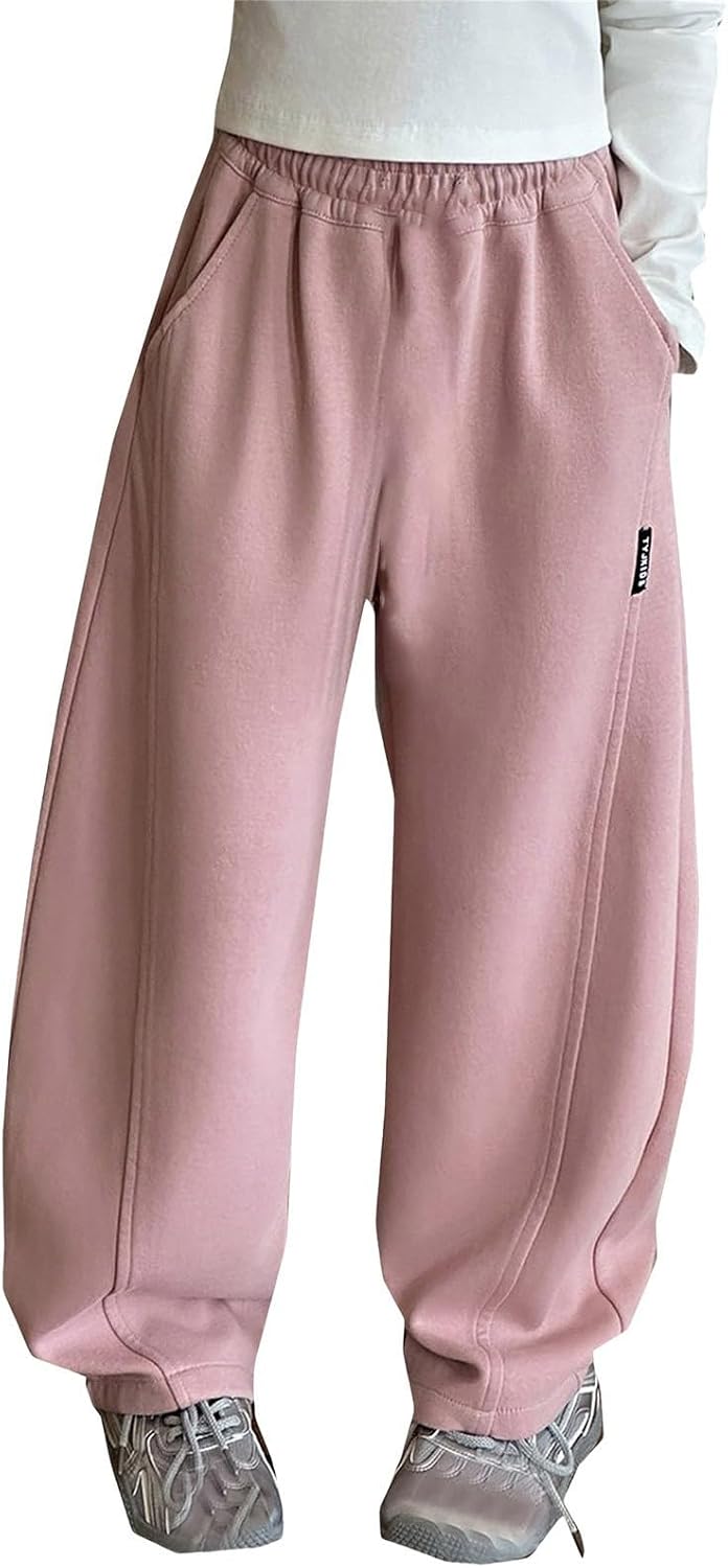Girls Bow Sweatpants Baggy Wide Leg Sweat Pants with Pockets Elastic Waist Mid Rise Teen Casual Cute Kids 8 to 14Y