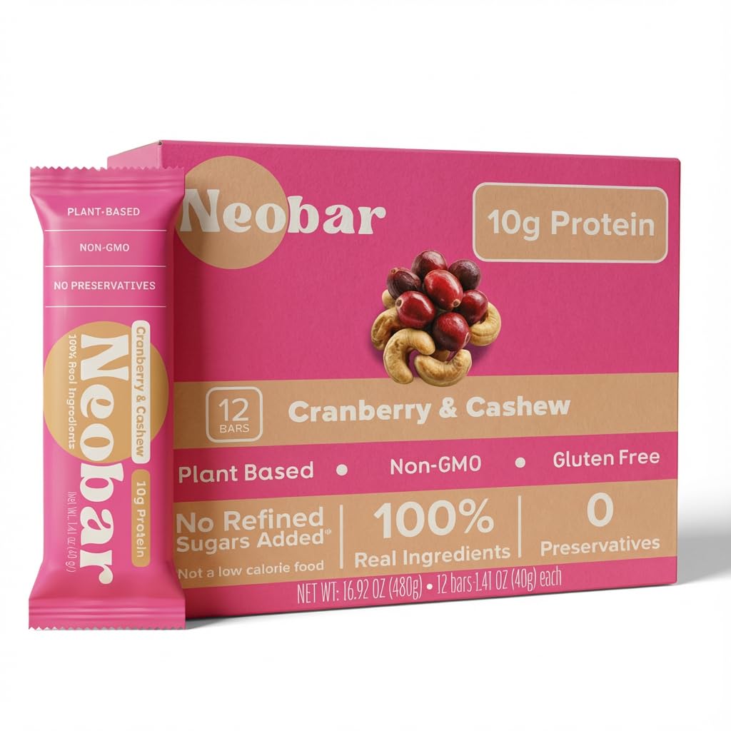 NEOBAR 10g Plant-Based Protein Cranberry & Cashew Bars - Vegan Snack Bars, Gluten Free Dairy Free Snacks, No Preservatives, No Refined Sugars Added, Non-GMO | 12 Count