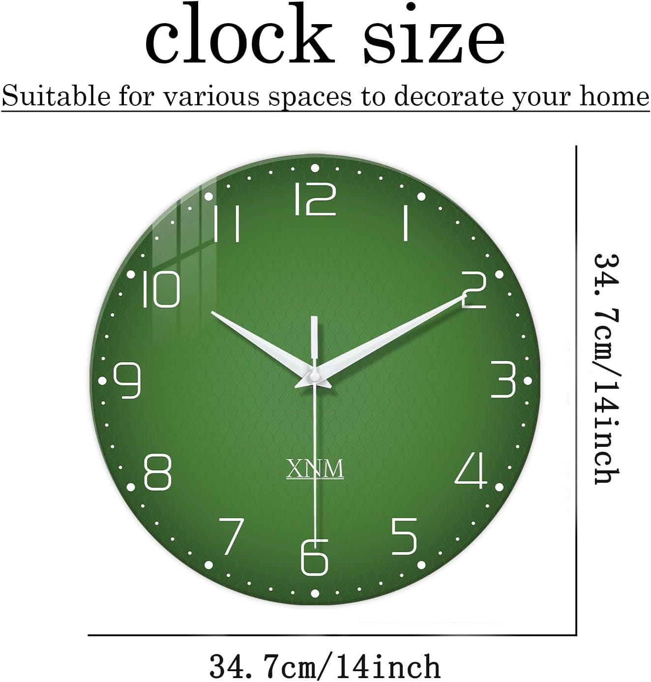 XNM Green Wall Clock for Bedroom Round Glass Wall Clocks Battery Operated 14 Inch Contemporary Analog Simple Wall Clock Silent