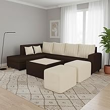 CASASTYLE Stylano 8 Seater Fabric LHS L Shape Sofa Set with 1 Centre Table & 2 Ottoman (Cream-Dark Brown) 8-Person Seating with Premium Velvet Finish | Ideal for Living Room, Hotels