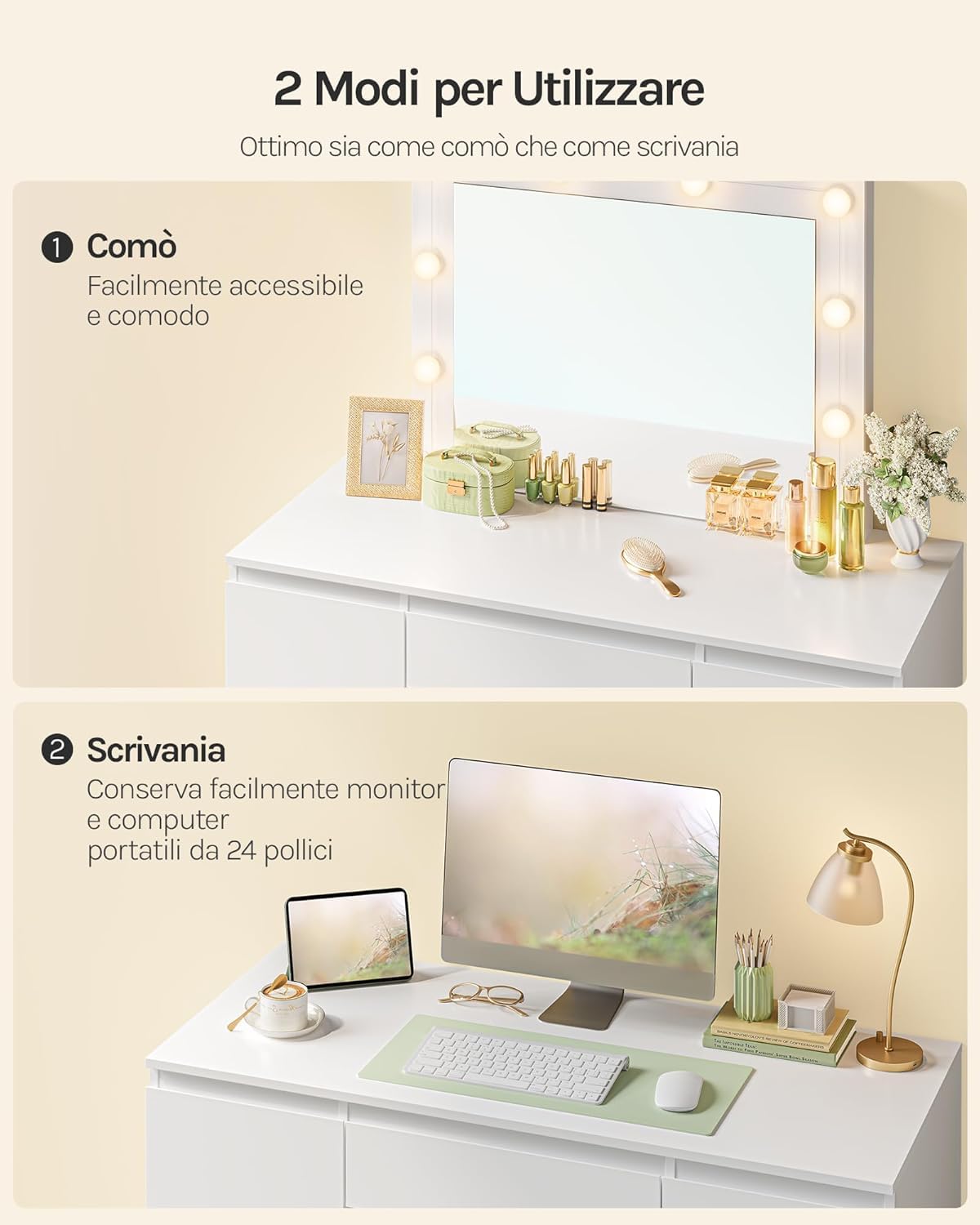 WOLTU Toeletta da Trucco, con Specchio e Luci LED, Luminosità Regolabile, Tavolo da Trucco, con 7 Cassetti, Postazione Make Up, 107x39,5x140,5cm, Cassettiera in Legno, Bianco, MB6099ws