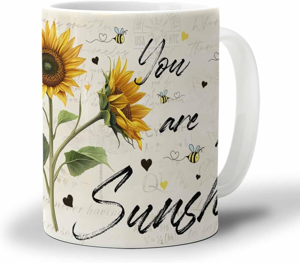 BEMIGO Ceramic Coffee Mug Sunflower Bee Ceramic Mug White Cup, Summer Vintage Floral Insulated Coffee Cup with Handle with Pattern Perfect for Tea and Hot Beverages, 12oz