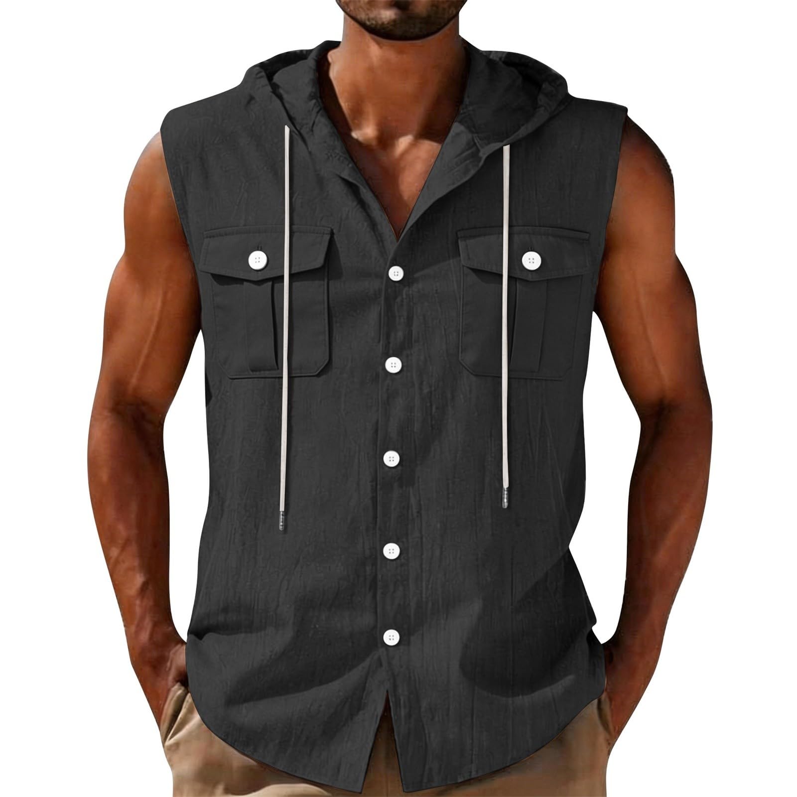 Camicia Senza Maniche con Cappuccio Uomo in Cotone E Lino vestibilità Ampia, Indumento di Moda per Sport E Vacanze sulla Spiaggia