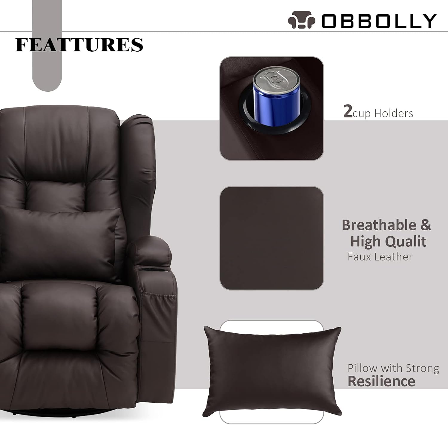 Manual Swivel Rocker Recliner Chair - Glider Rocking Reclining Chair for Nursery, Ergonomic Lounge Chair with Lumbar Pillow, 2 Cup Holders, Side & Front Pockets for Living Room, Faux Leather (Brown) : Home & Kitchen