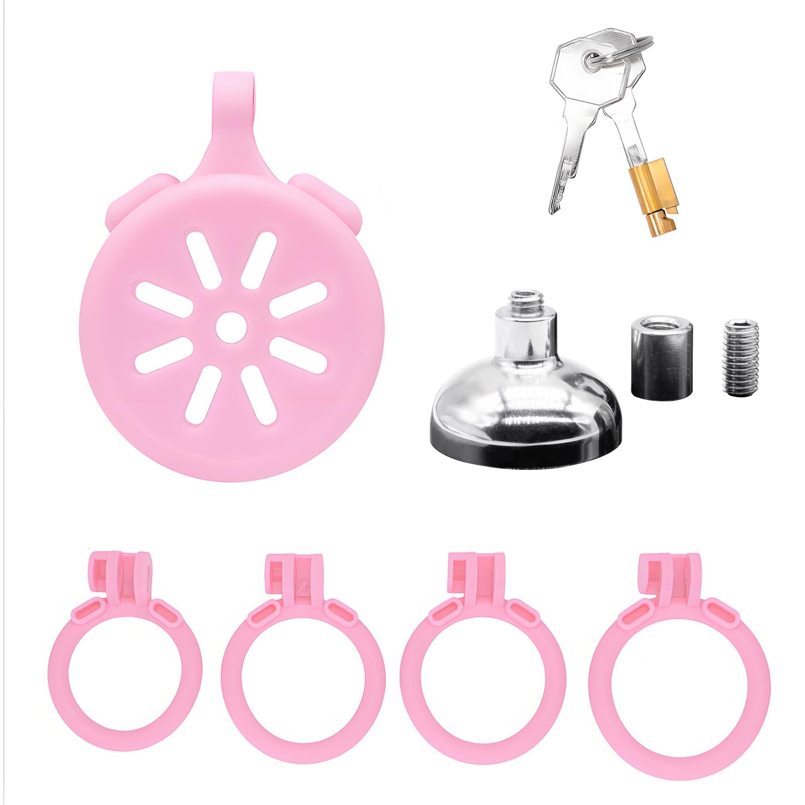 BDSMYEE Set Gabbia di Castità Piatta Maschile, Giocattolo Sessuale Gabbia di Castità Invertita con 4 Anelli per testicoli, Gabbia per Pene Schiavo Giocattolo Sessuale Bondage BDSM Estremo Set