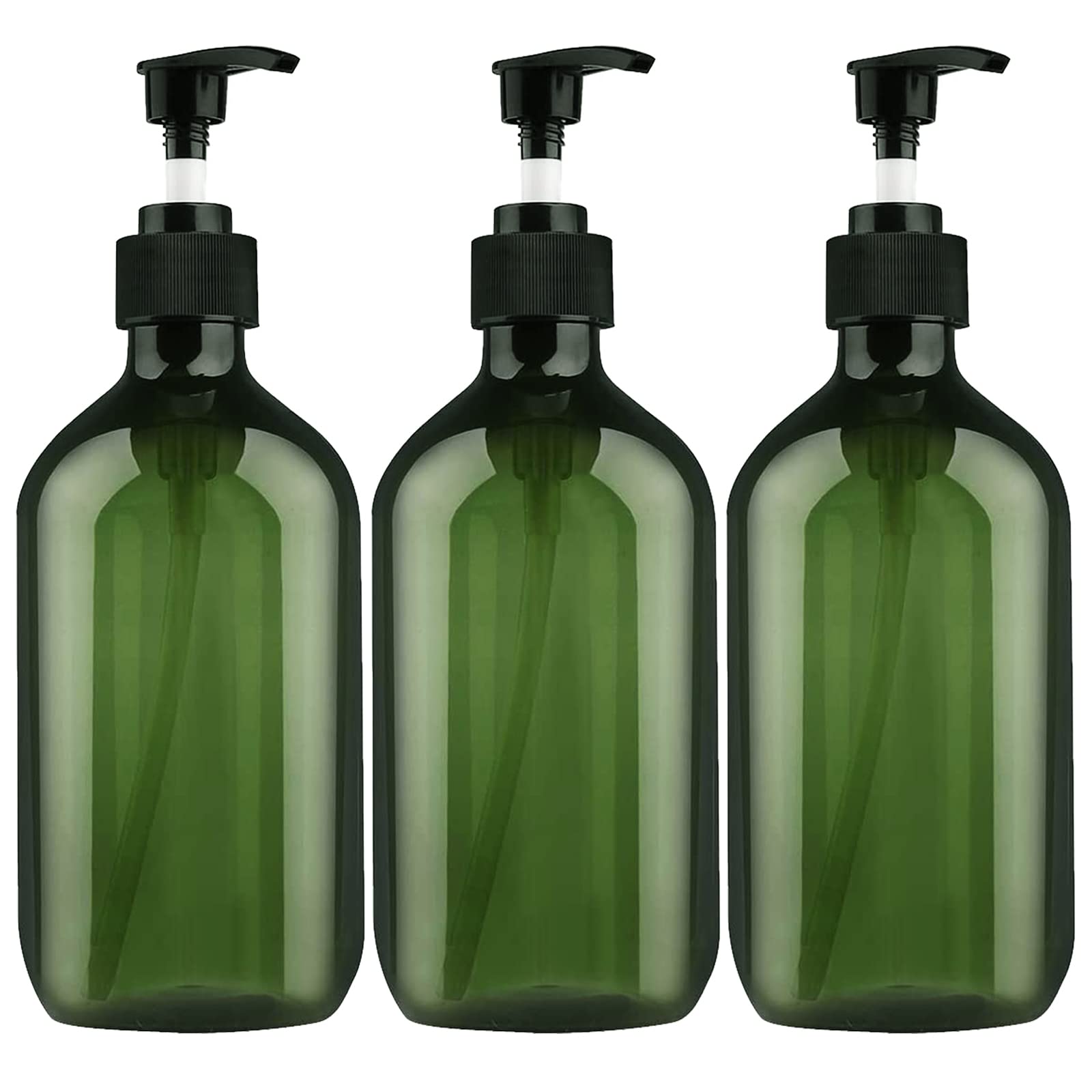3 Pack Green Pump Bottle Dispenser, Empty Plastic Refillable Lotion Soap Shampoo Dispenser Containers with Pump, Show Soap Dispenser Bottles, BPA/Paraben Free, 500ml/16.9oz