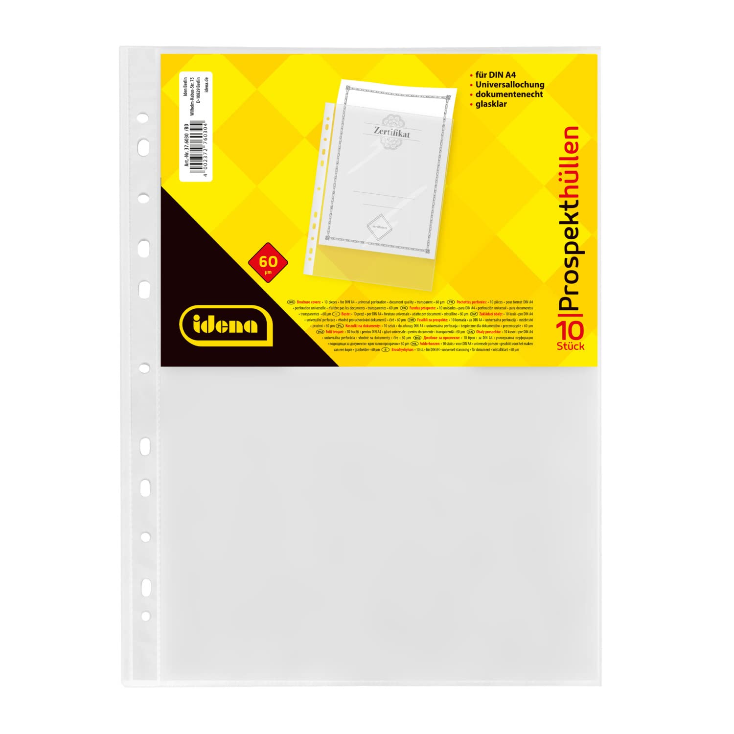 Idena 376030 - 10 Stück Klarsichthüllen A4 glasklar, Prospekthüllen aus Kunststoff 60µ, dokumentenecht, Klarsichtfolien mit Universallochung