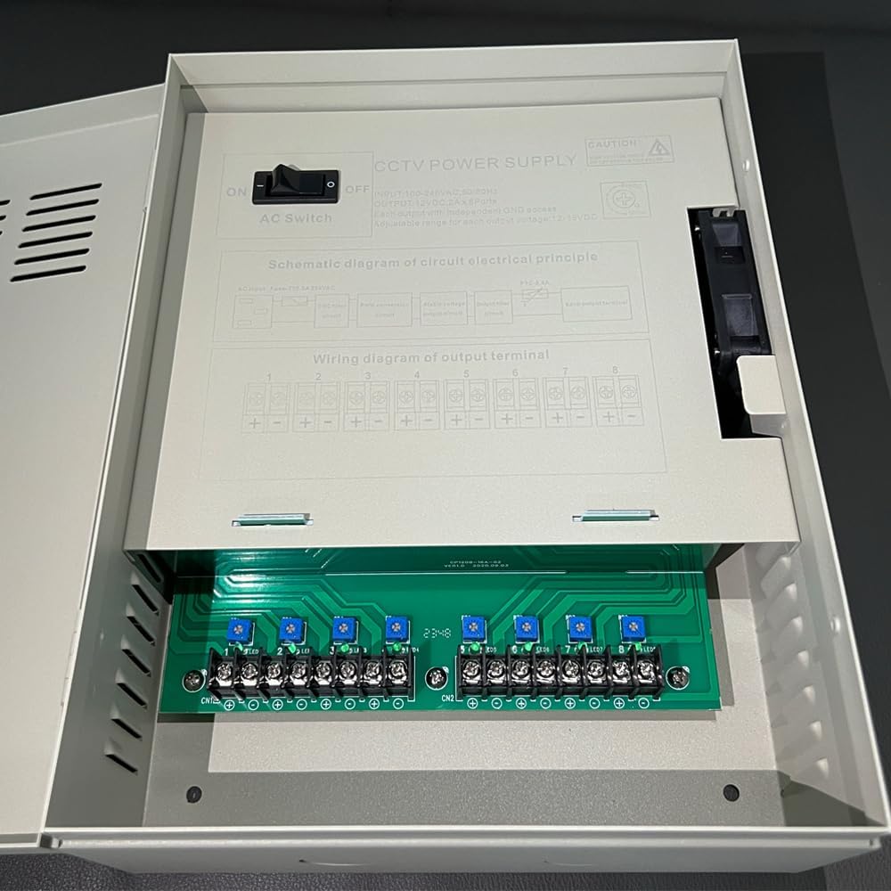 4K CCTV Power Supply 8 Channel Adjustable DC11V ~DC15V 16 Amp Output Reset Fuse with Anti-Ripple and Anti-EMI Interference Circurt Designed for 4K IP/CCTV Security Cameras System