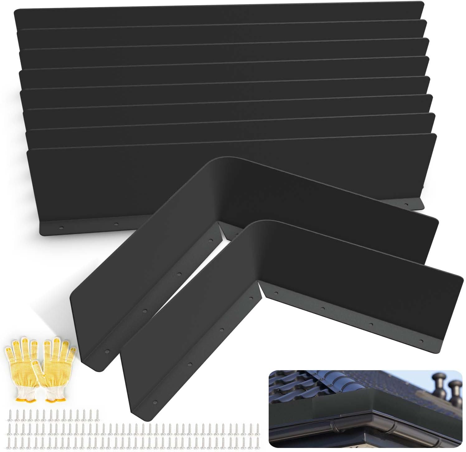 Gutter Valley Splash Guards, 10 Pcs 15.7 x 3.5 Inches Aluminum Downspout Diverter Roof Rain Roofing Gutter Guards with Screws for Shingle Corner and Straight House (Black)