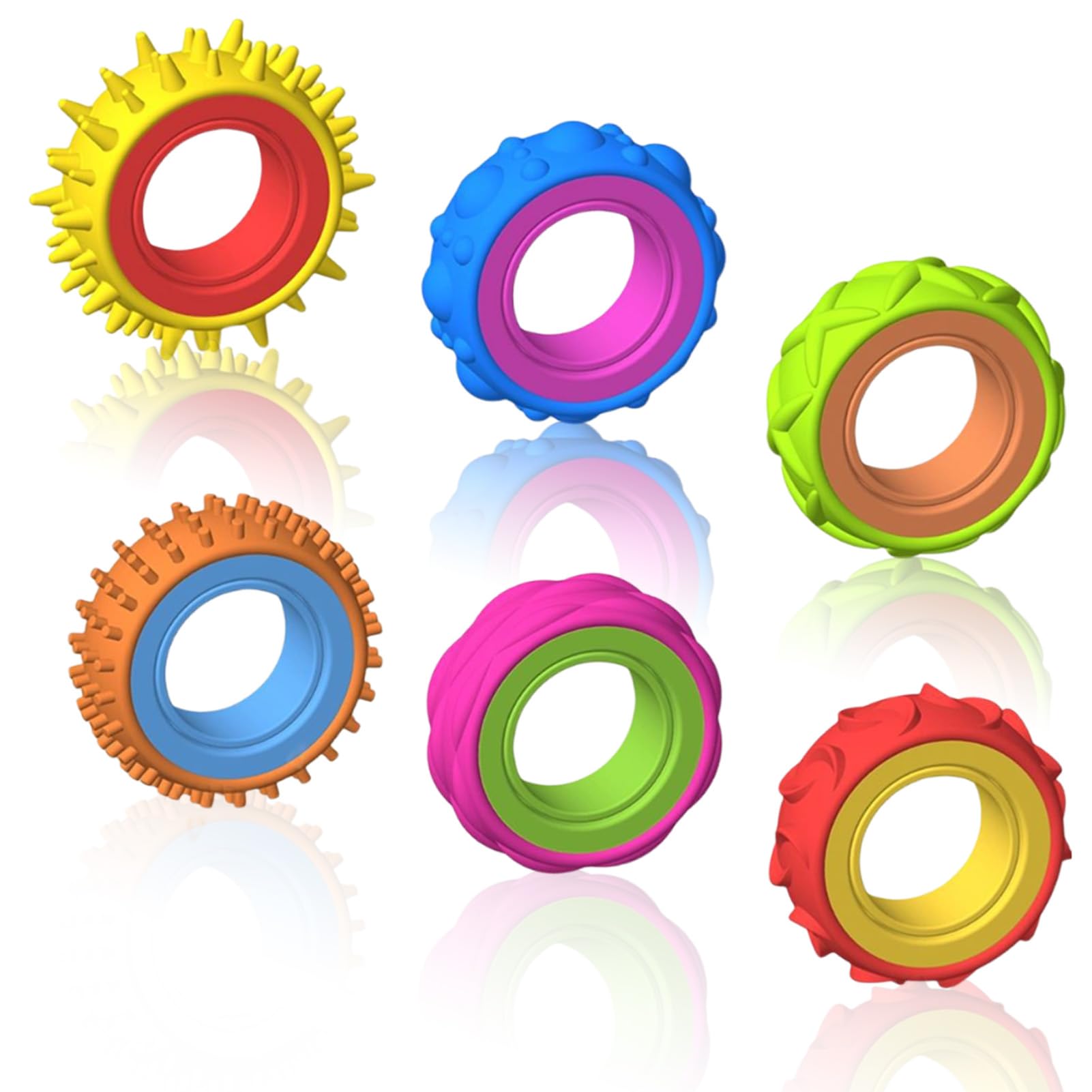 6 Pack Fidget Sensory Rings – Multicolour Fidget Ring for Children & Adults, Textured Fidget Toys Spinner Rings for Autism, ADHD, Anxiety Relief, for Classroom & Office