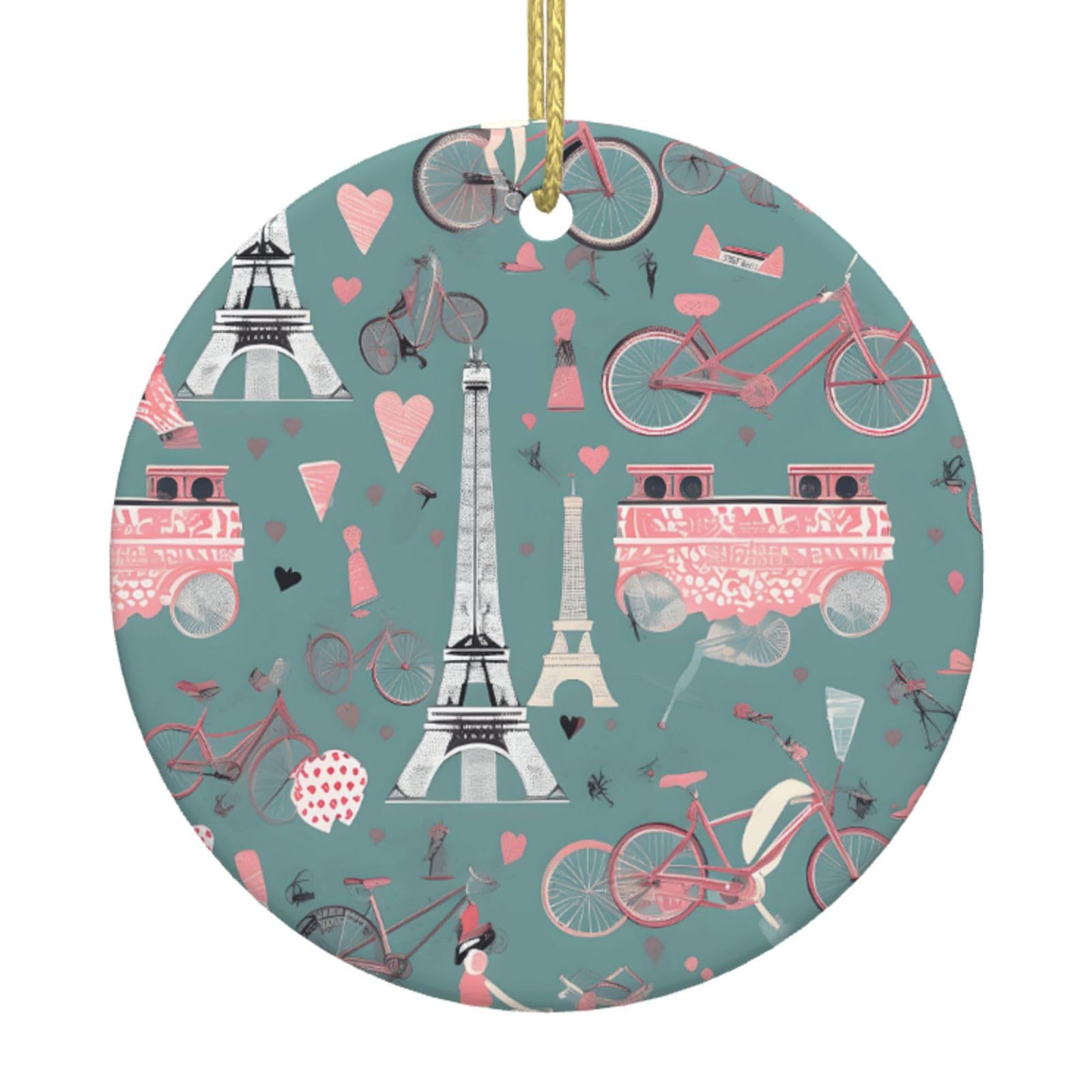 Romantic Paris Eiffel Tower Bycicle Print Christmas Ornaments, Ceramic Hanging Ornament, Round Shape Decorations
