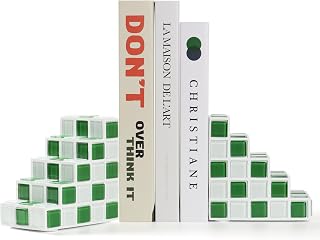 Decorative Bookends for Shelves Stair Book Ends for Heavy Books | Unique Book Stopper & Holder for Shelves, Modern Home Decor Aesthetic Bookshelf Decor, Green & White