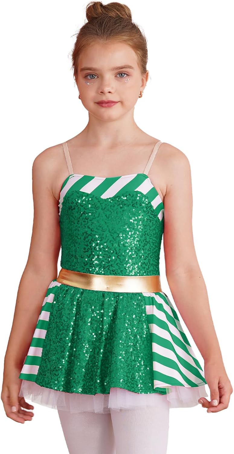 Kids Girls Sequins Xmas Ice Skating Dance Dress Candy Cane Ballroom Dancewear