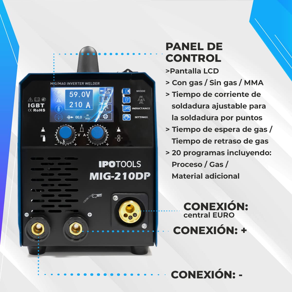 IPOTOOLS MIG-210DP Synergy Double Pulse MIG MAG Welder - Soldador inverter profesional LCD con 210A 230V IGBT, 3 en 1 MIG Flux MMA Electrodes, Máquina de soldar portátil, 7 años de garantía