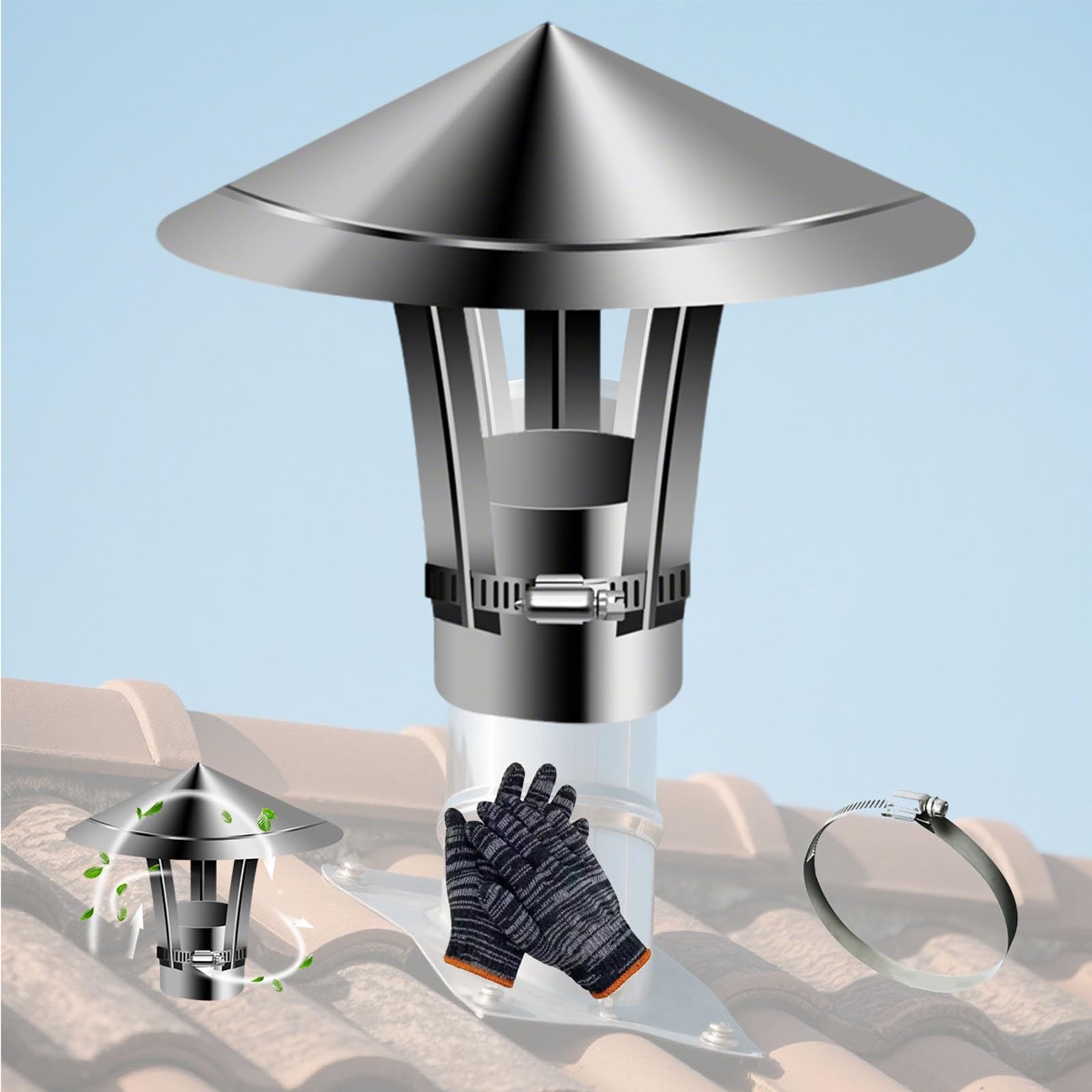 GKSNCJSMF Rain Chimney Cap for Outside, Fireplace Flue Chimney Cover, Chimney Vent Cowl, Stove Pipe Chimney Caps for Exhaust, With Adjustable Metal Strip and Gloves(13.5cm)