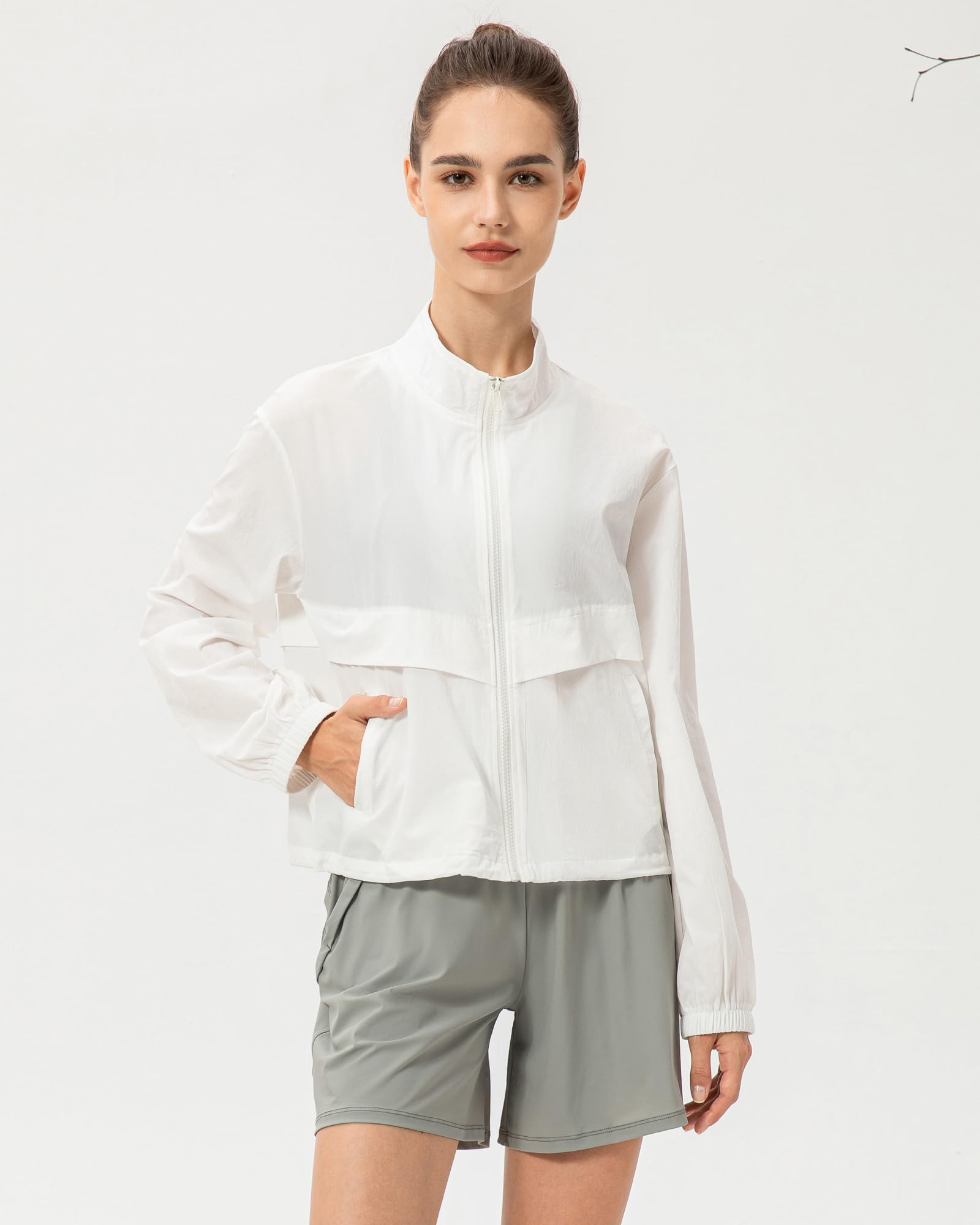 Gacaky Women's Athletic Workout Running Track Full Zip Cropped Jackets UPF 50+ Sun Protection Stand Collar Gym Shirts White S