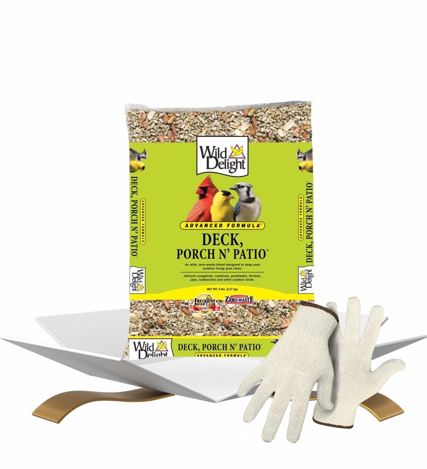 Wild Delight Deck Porch N Patio - Cibo per uccelli selvatici da 2,3 kg con guanti da lavoro, semi per uccelli per mangiatoie esterne per alimentazione pulita in spazi esterni, set regalo (2 pezzi)